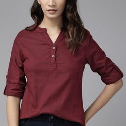 SHALIG Women Solid Mandarin Collar Roll-Up Sleeves Cotton Top-image-95