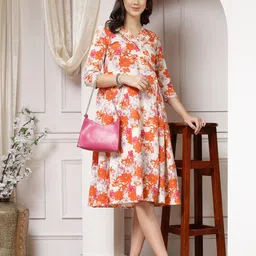 Indibelle Women Floral Print Flared Sleeve A-Line Cotton Dress-image-52