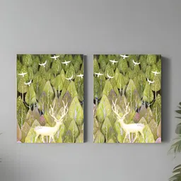 Art Street Green & White 2 Pieces Canvas Forest Deer Painting Wall Arts-26