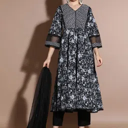 Anouk Black Floral Printed Empire Thread Work Pure Cotton A-Line Kurta & Trouser & Dupatta-image-40