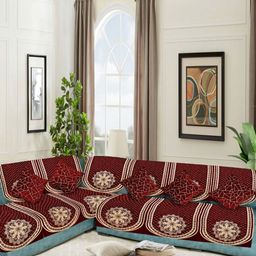 SAWNA HOMES Maroon & Cream 6 Pieces Printed Velvet 6 Seater Sofa Cover-23