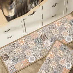HomeCloud 2-Pcs Beige & Grey Geometric Printed Anti Skid Kitchen Mats-2