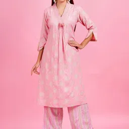 KALINI Women Ethnic Motifs Printed Panelled Mirror Work Kurta with Palazzos-image-88