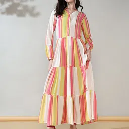 House of Kaftan Women Colourblocked Tiered Pleated Detail Fit and Flare Maxi Dress-image-42