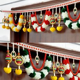 SATVIK CREATIONS Red & Yellow Pom Pom Thoran Festive Decor-image-90