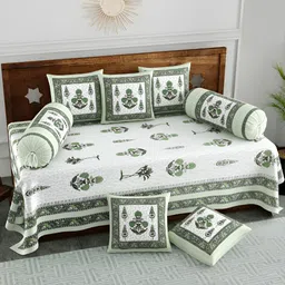 Myntra Elegant Homes 8-Pcs White & Green Floral Printed Cotton Diwan Set-17