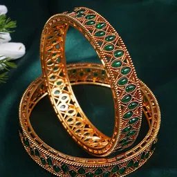 Adwitiya Collection Set Of 2 Gold-Plated Kundan & Emerald Stone Studded Bangles-image-22