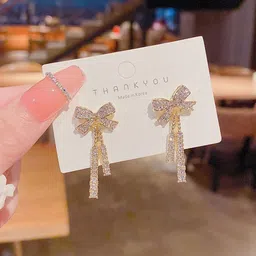 Celestria Zircon Studded Korean Bow Shaped Drop Earrings-5