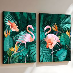 Art Street Green & Pink 2 Piece Canvas Birds and Animals Wall Paintings-20