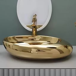 Premium Designer Table Top Counter Top Golden Wash Basin Gold Ceramic Wash Basin 2603 (L58.4xW38xH15.2 cm) Very Stylish Bathroom Golden Ceramic Table Top Basin Table Top Basin-image-35