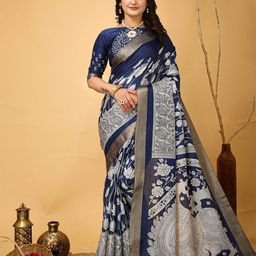 HERE&NOW Kalamkari Printed Zari Pure Cotton Kanjeevaram Saree-image-82