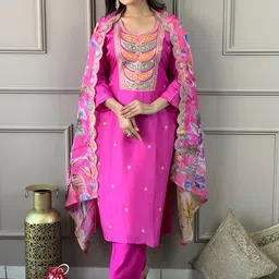 KALINI Women Ethnic Motifs Embroidered Regular Thread Work Chanderi Silk Kurta with Trousers & With Dupatta-25