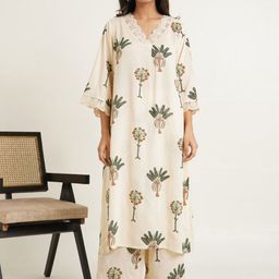 GOODHAND Floral Printed Pure Cotton V-Neck A-Line Kurta With Palazzos-image-5