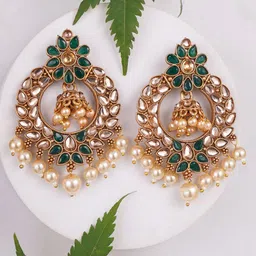 Anouk Gold-Plated Artificial Stones Studded & Pearls Beaded Floral Shaped Drop Earrings-18