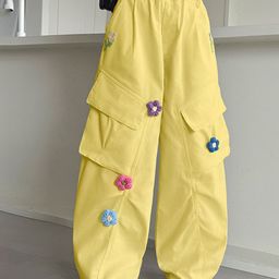 LULU & SKY Girls Baggy Floral-applique Girls Cargo Trousers-image-6