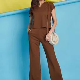 Selvia Ribbed V-Neck Top With Trousers Co-Ords-52