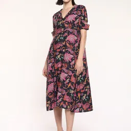 RAREISM Floral Printed Short Sleeves A-Line Midi Dress-image-50