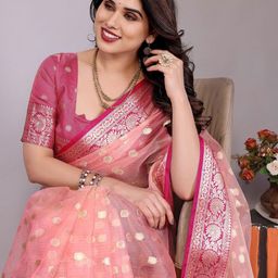 KALINI Ethnic Motifs Woven Design Zari Organza Banarasi Saree-image-29