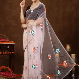 Stylum Floral Printed Embroidered Net Saree image 2
