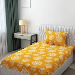 HIDECOR Yellow & White Floral Print Microfiber 210 TC Single Bedsheet & 1 Pillow Cover-picture-40