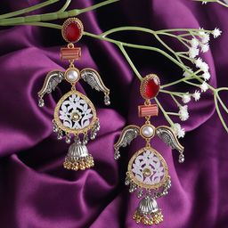 RHOSYN German Silver Gold-Plated Stones Studded Contemporary Shaped Antique Drop Earrings-57