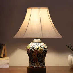 Devansh Off White Textured Traditional Frusturical Shaped Wooden Table Lamp & Mosaic Glass-9