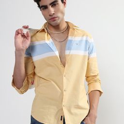 SHOWOFFFF Horizontal Striped Spread Collar Comfort Slim Fit Twill Cotton Casual Shirt-image-64