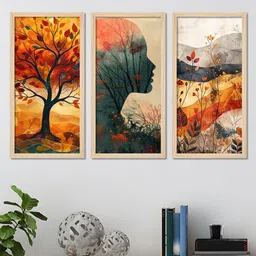 ArtVibes Orange & Grey 3 Pieces Tree With Colorful Leaves Wooden Wall Art-2