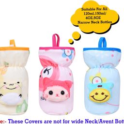 Soft Plush Stretchable Baby Feeding Bottle Cover with Easy to Hold Strap | Suitable for 60ml | Cute Animated Overall Print Pack of 3 (Pink, Blue & Yellow, Narrow Neck 60ml/2OZ)-picture-9