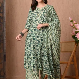 Anouk Floral Printed Notch Neck Pure Cotton Straight Kurta With Palazzos & Dupatta-picture-26