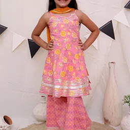 Ka-mee Girls Floral Printed Regular Zardozi Pure Cotton Kurta with Sharara & With Dupatta-picture-44