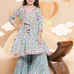 Bitiya by Bhama Girls Floral Printed Cotton Kurta with Sharara-picture-32