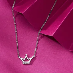 Nipura 925 Sterling Silver Rhodium-Plated Stone Studded Crowned Princess Pendant Chain-16