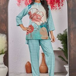 TWINS LADY Printed Mandarin Collar Neck Top With Trousers  Co-Ords-image-57