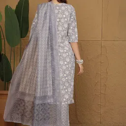 Anouk Floral Printed Thread Work Straight Kurta With Trousers And Dupatta image 2