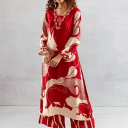 Nehamta Floral Printed V-Neck Beads and Stones Straight Kurta With Palazzos-16