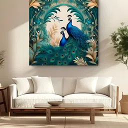 999Store Green & Beige Twin Peacocks Printed Canvas Wall Art-0