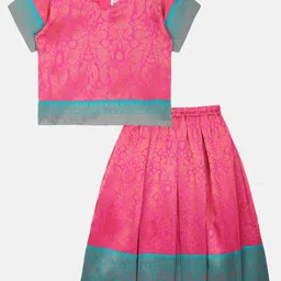 YOUNG BIRDS Girls Ethnic Motifs Printed V-Neck Top With Skirt-image-22