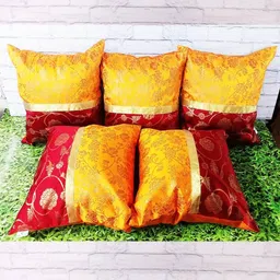 Pink Parrot Red & Yellow 5 Pieces Ethnic Motifs Jacquard Silk Square Cushion Covers-image-88