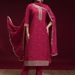 Vishudh Ethnic Motifs Embroidered Round Neck Straight Kurta With Trousers And Dupatta-20