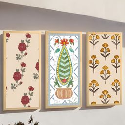 Art Street Red & Cream-Coloured 3 Piece Synthetic Wood Floral and Botanical Wall Paintings-78