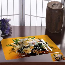 REVEXO 6Pc Yellow & White Printed Rectangle Costers & Table Placemats image 4