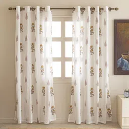 Clasiko Kalamkari Leaf White & Yellow 2 Pieces Printed Cotton Sheer Long Door Curtains-image-66