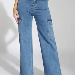 Life With Pockets Women Wide Leg High-Rise Stretchable Cargo Style Denim Jeans-image-49
