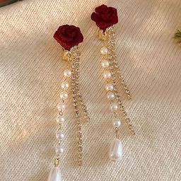 DIVASTRI Gold Plated Pearls Beaded Chandelier Floral Korean Drop Earrings-image-21