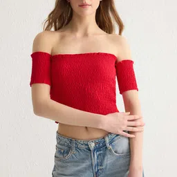Trendyol Women Ribbed Off-Shoulder Cotton Bardot Crop Top-image-85