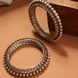 PANASHSet Of 2 Gold-Plated American Diamond-Studded & Beaded Bangles-41