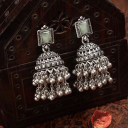 ANIKAS CREATION Silver Plated Artificial Stones Studded Dome Shaped Jhumkas-image-11