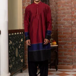 PATR Colourblocked Mandarin Collar Thread Work Cotton Silk Straight Kurta-21