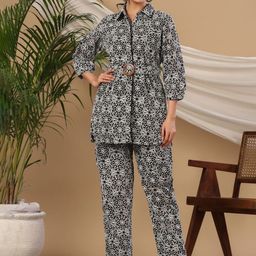 AUTUMN LANE Pavitra Jade Schiffli Shirt Collar Neck Pure Cotton Tunic With Trousers-image-4